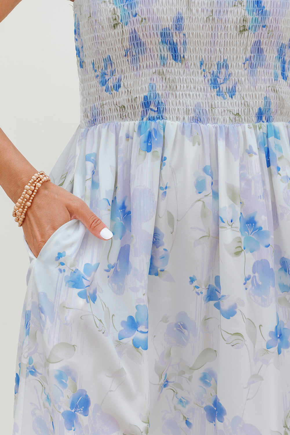 Sky Blue Floral Smocked High Waist Double Ruffle Sleeveless Long Dress - Image 7