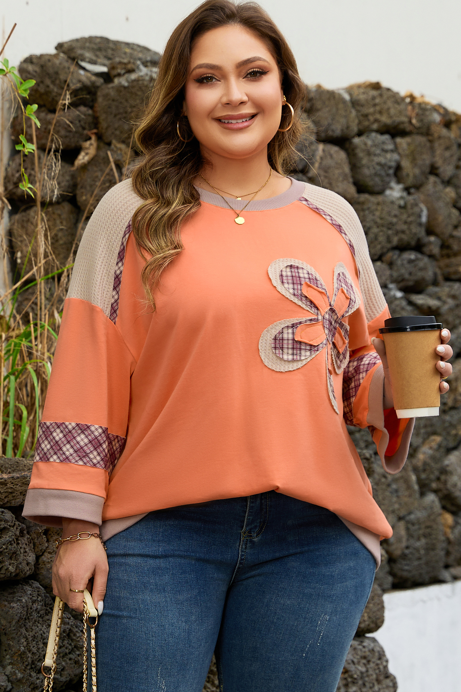 Grapefruit Orange Plaid Flower Waffle Patched Plus Size 3/4 Sleeve Top - Image 6