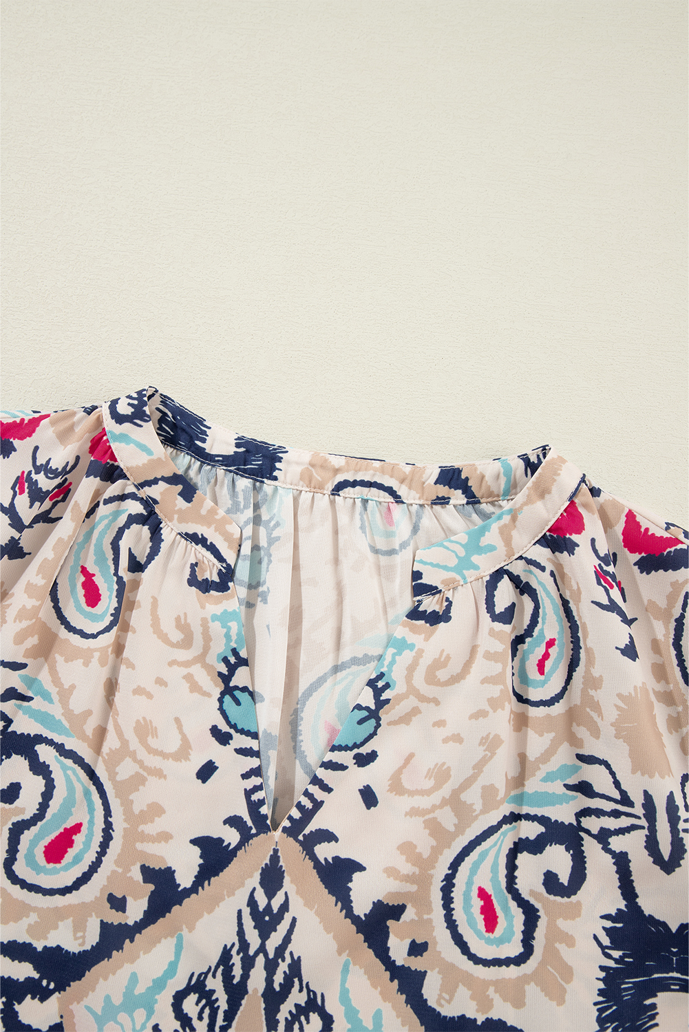 White Abstract Printed Notched V Neck Split Half Sleeve Blouse - Image 6