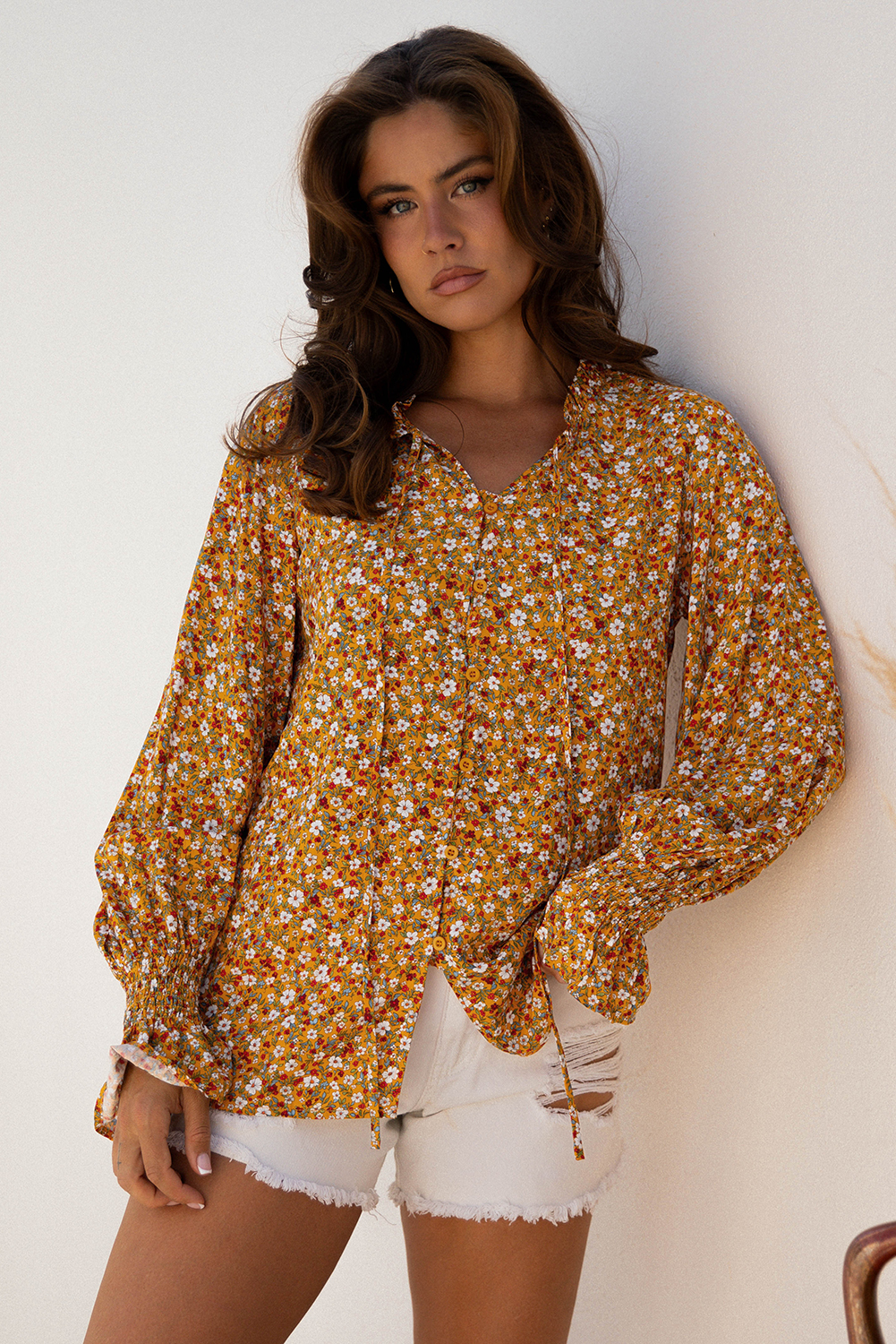 Orange Boho Floral Ruffled Bubble Sleeve V Neck Fall Blouse - Image 4