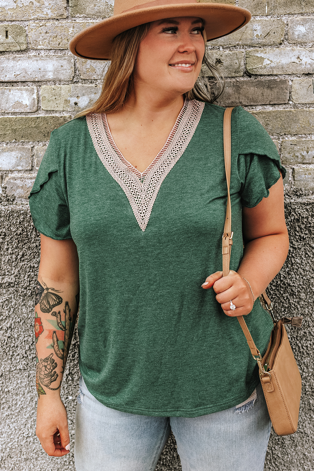 Blackish Green Plus Size Embroidery V Neck Draped Sleeve Blouse - Image 5