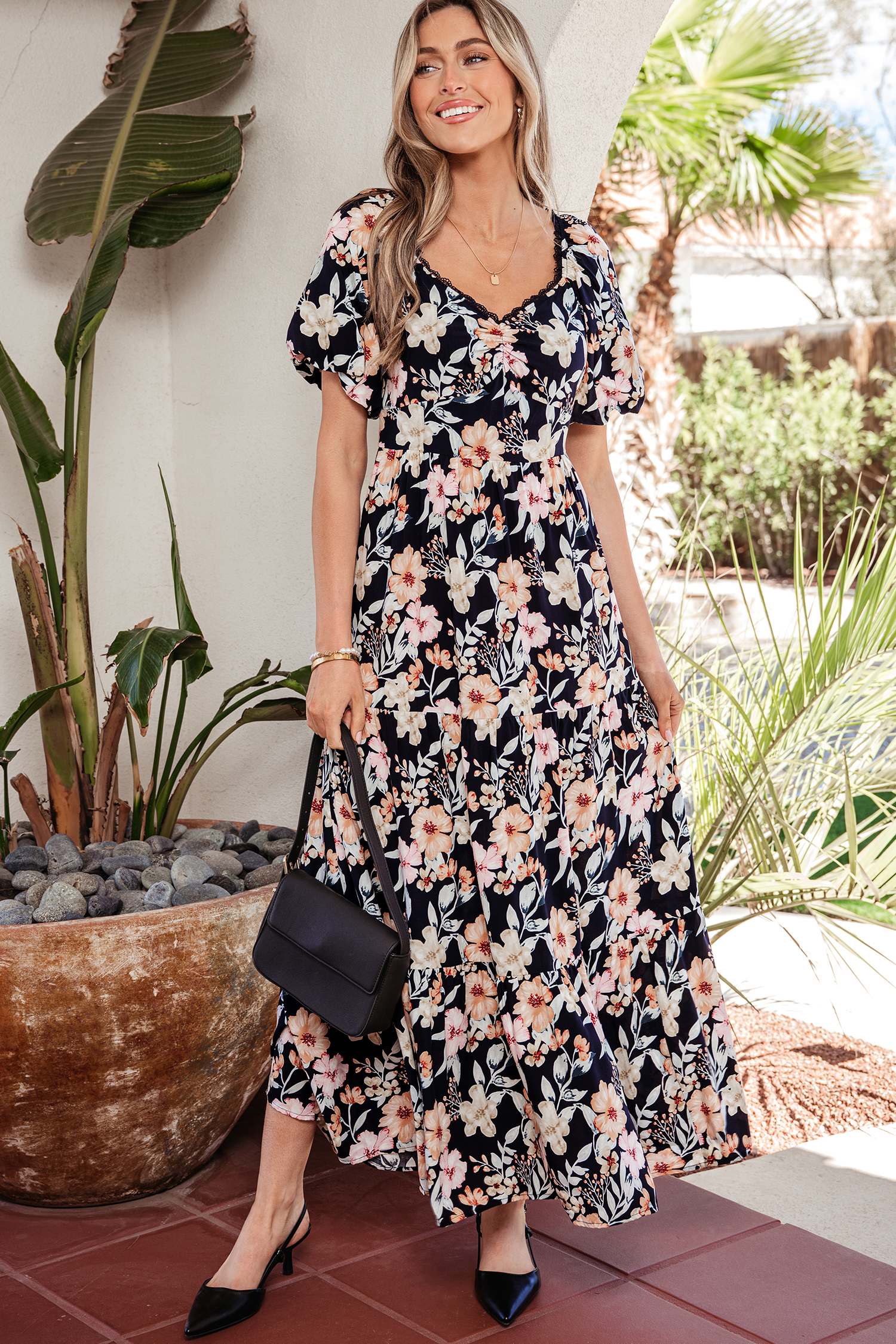 Blue Short Sleeve Smocked Detail High Waist Floral Maxi Dress - Image 7