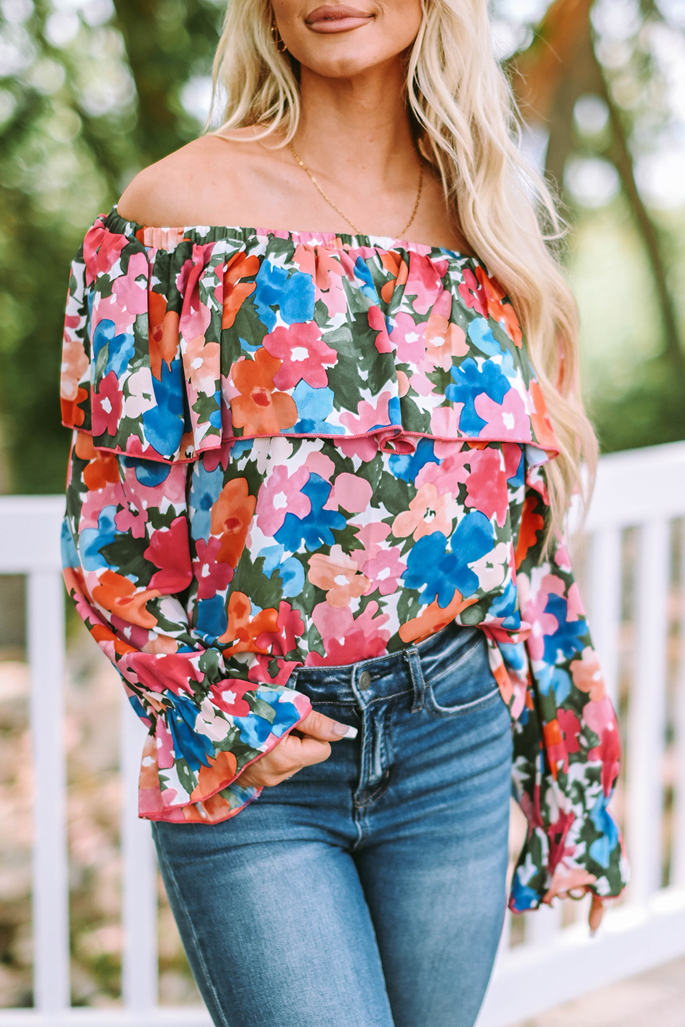Floral Print Ruffled Off Shoulder Blouse - Image 6