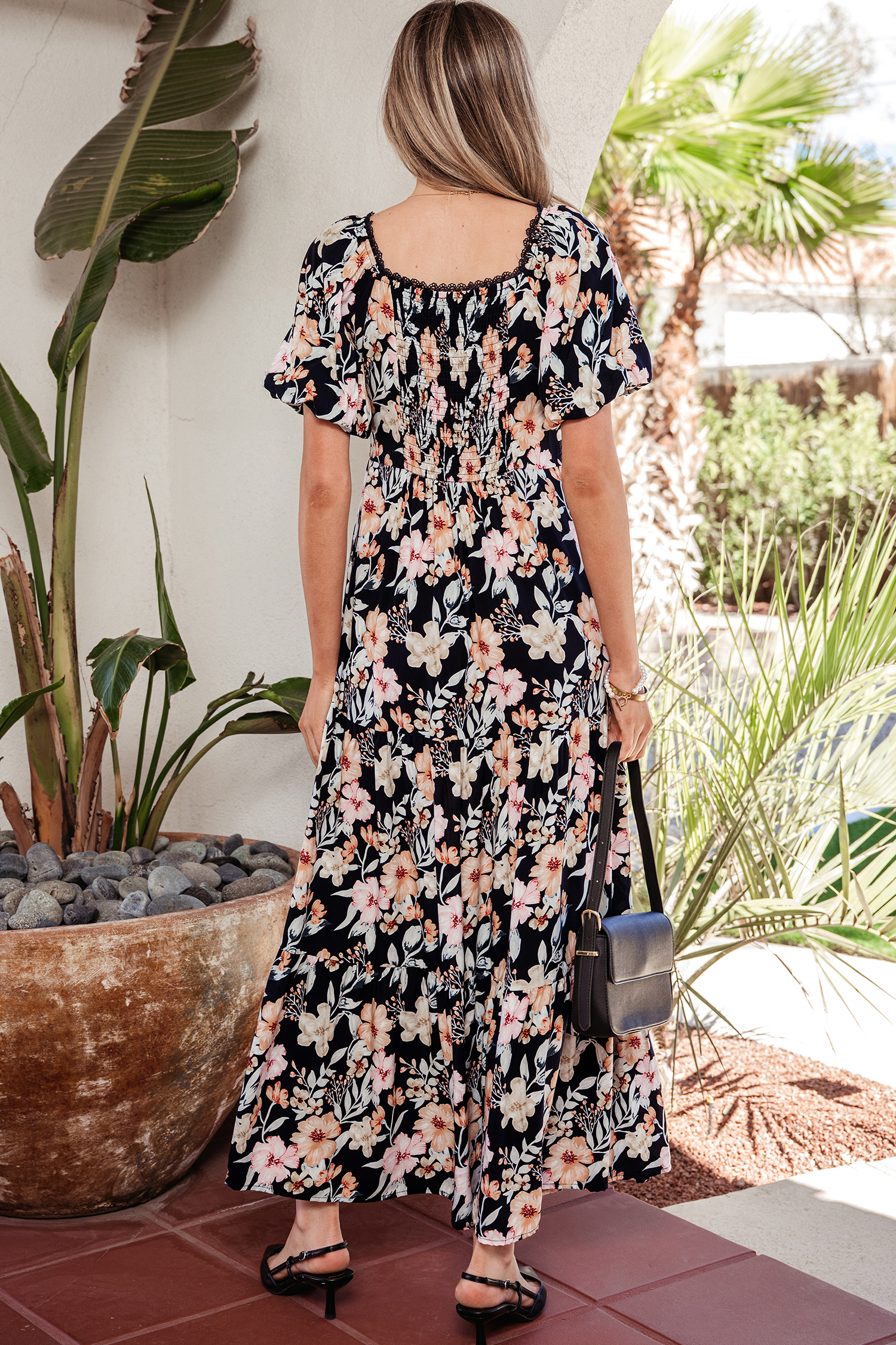 Blue Short Sleeve Smocked Detail High Waist Floral Maxi Dress - Image 3