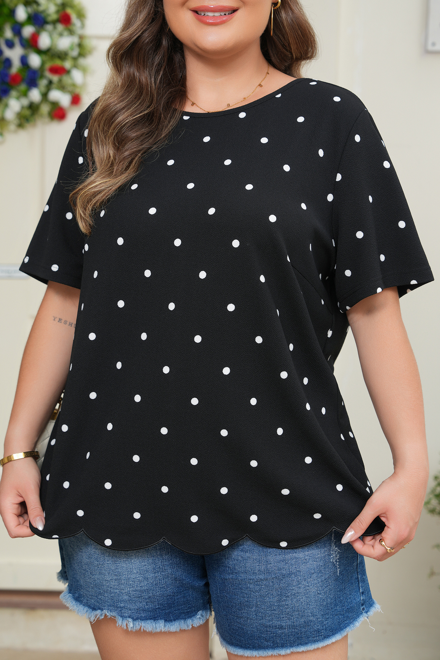 Black Plus Size Dotted Casual T Shirt - Image 6