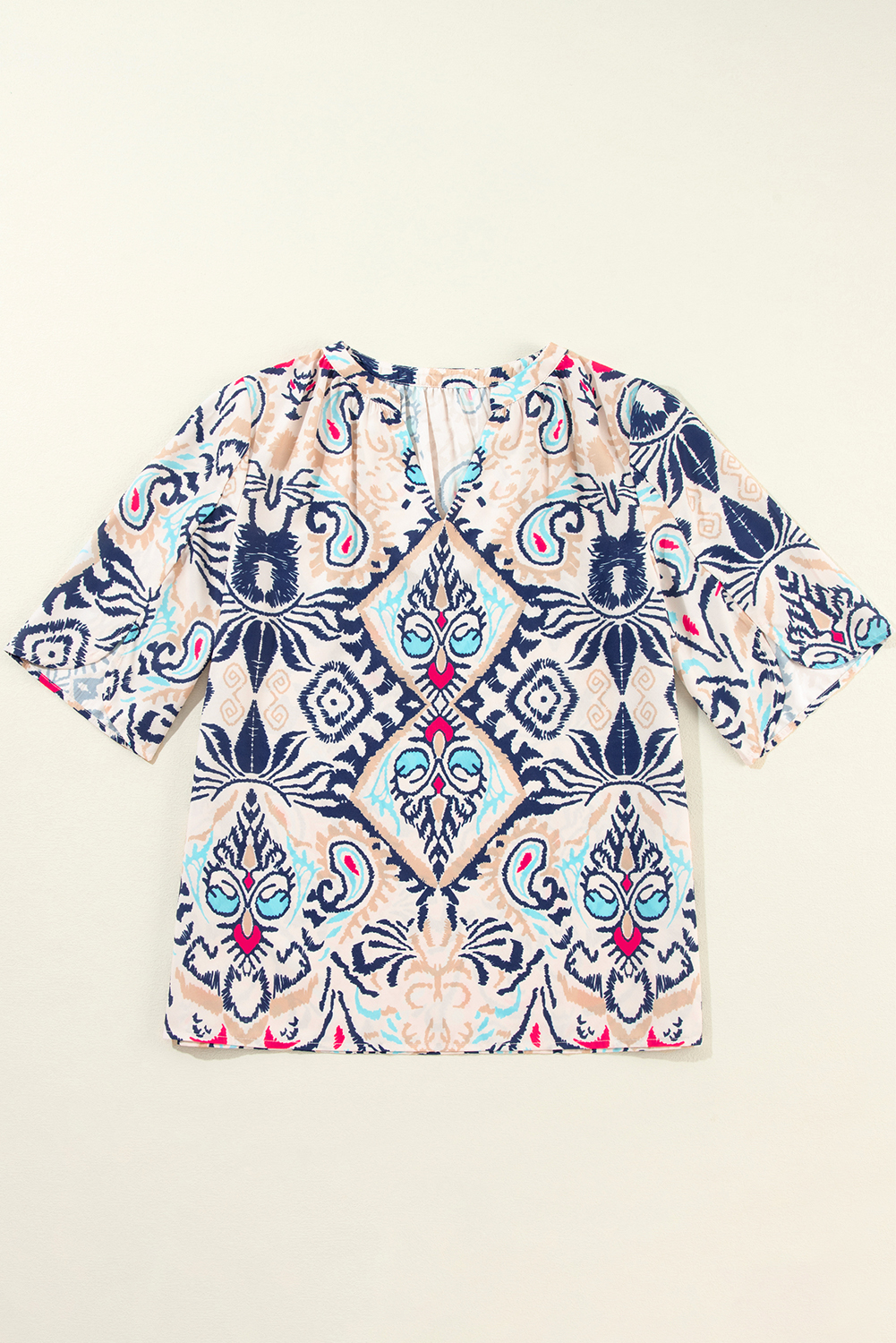 White Abstract Printed Notched V Neck Split Half Sleeve Blouse - Image 3