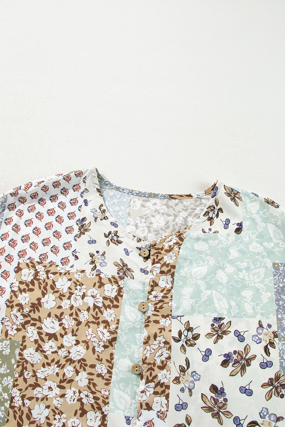 Multicolor Floral Patchwork Print Long Puff Sleeve Shirt - Image 6