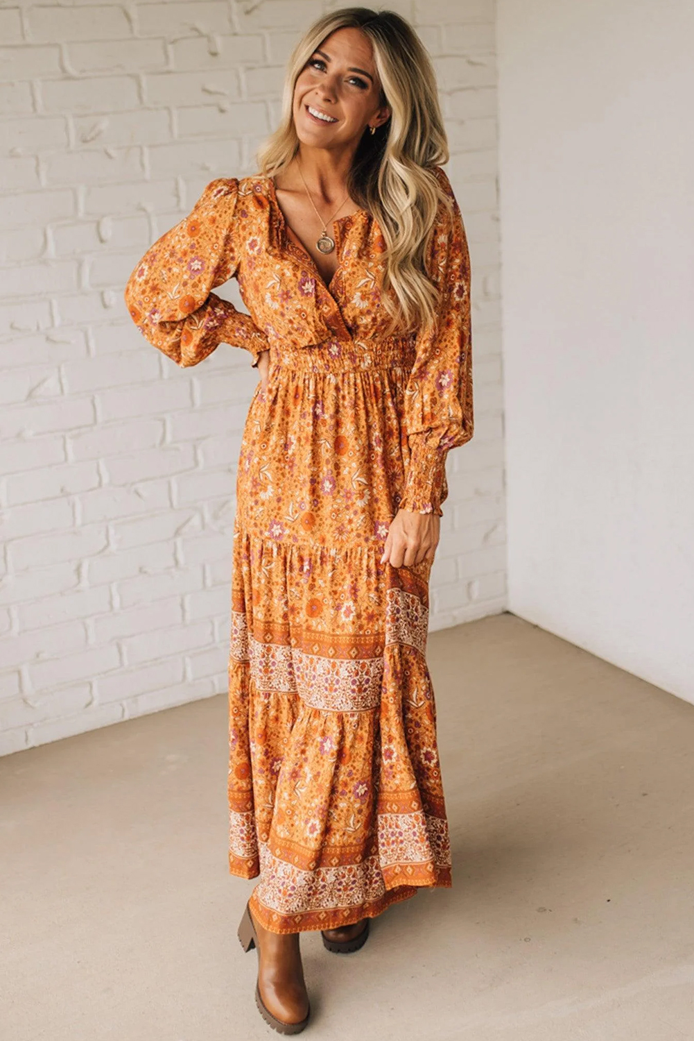 Orange Floral Print Smocked Waist Long Sleeve Boho Maxi Dress - Image 7