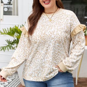 Khaki Plus Size Ruffled Arm Leopard Sweatshirt