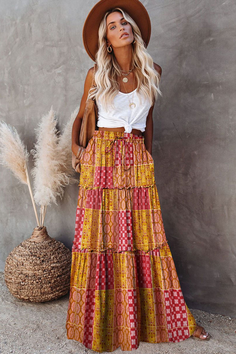 Orange Tiered Paisley Print Pocketed Maxi Skirt - Image 3