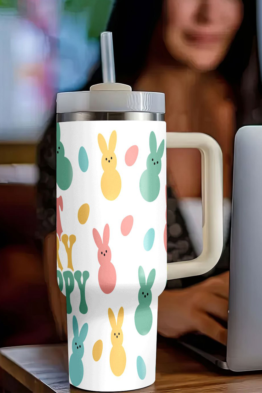 White DONT WORRY BE HOPPY Bunny Print Thermal Tumbler 40oz - Image 5