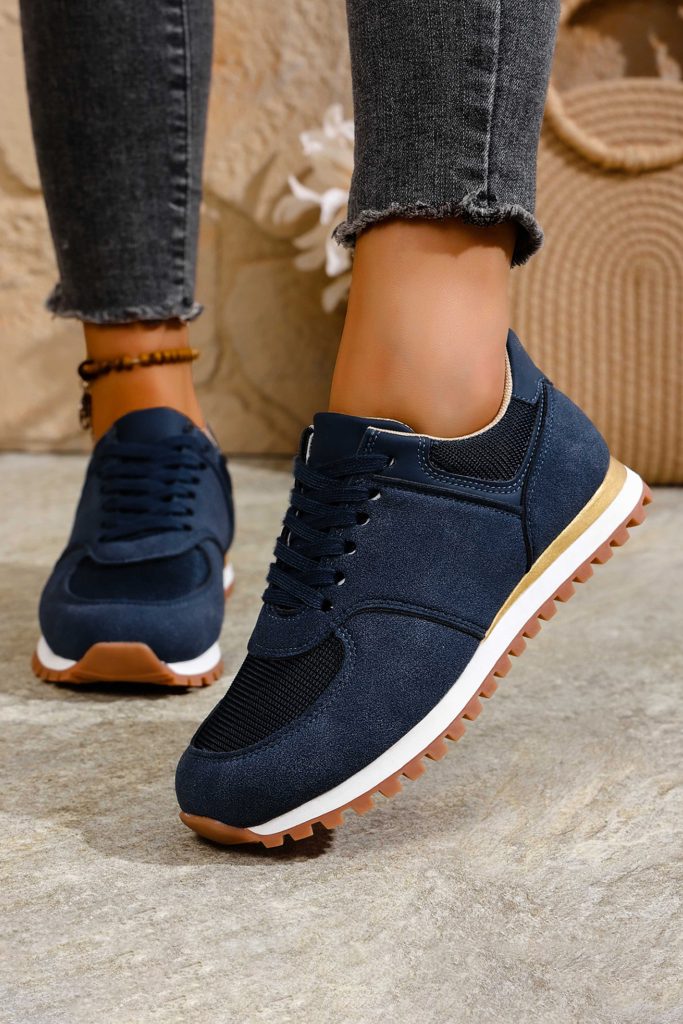 Navy Blue Faux Suede Mixed Patchwork Retro Jogger Sneakers