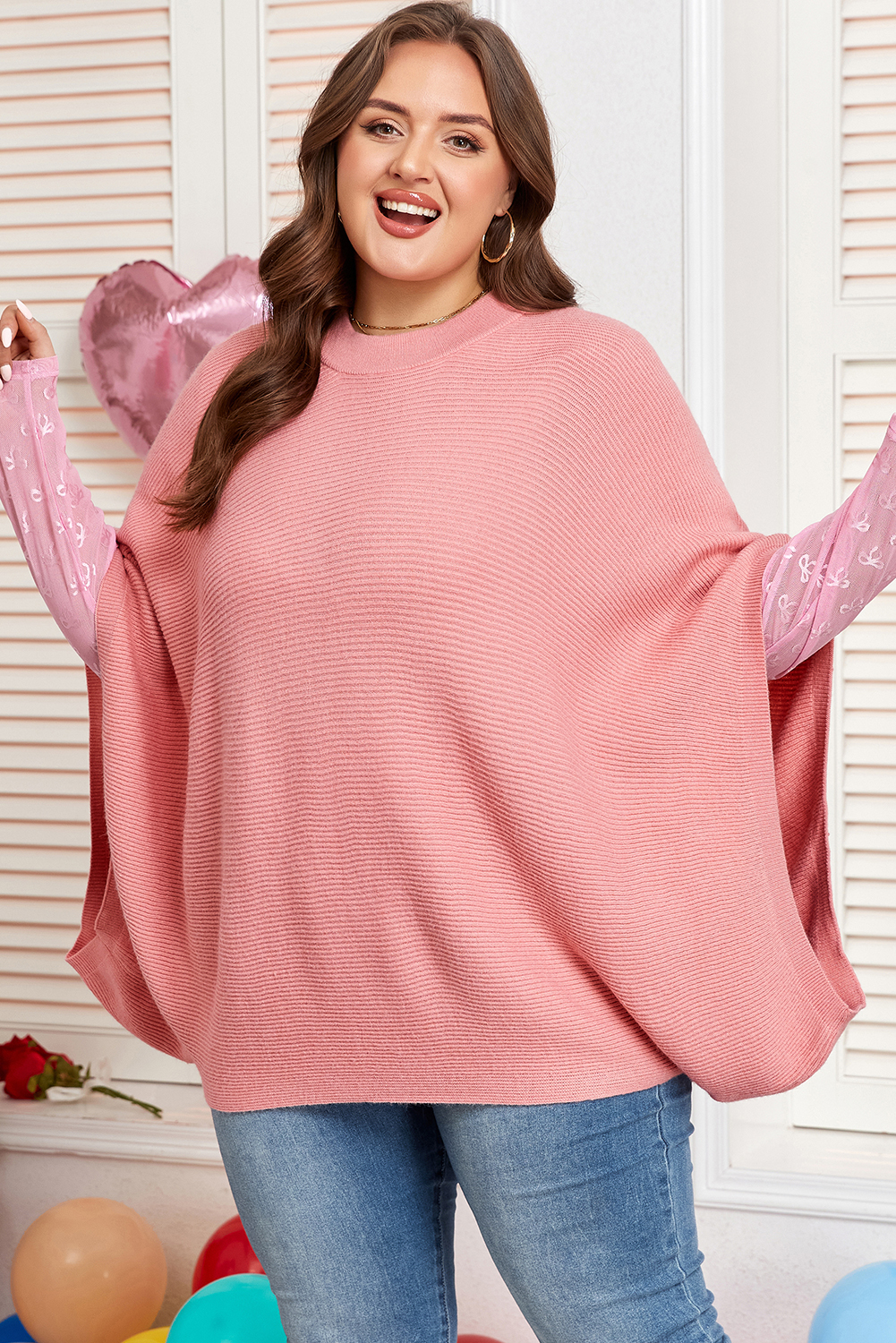 Light Pink Ribbed Knit Half Sleeve Plus Size Poncho Style Sweater - Image 5