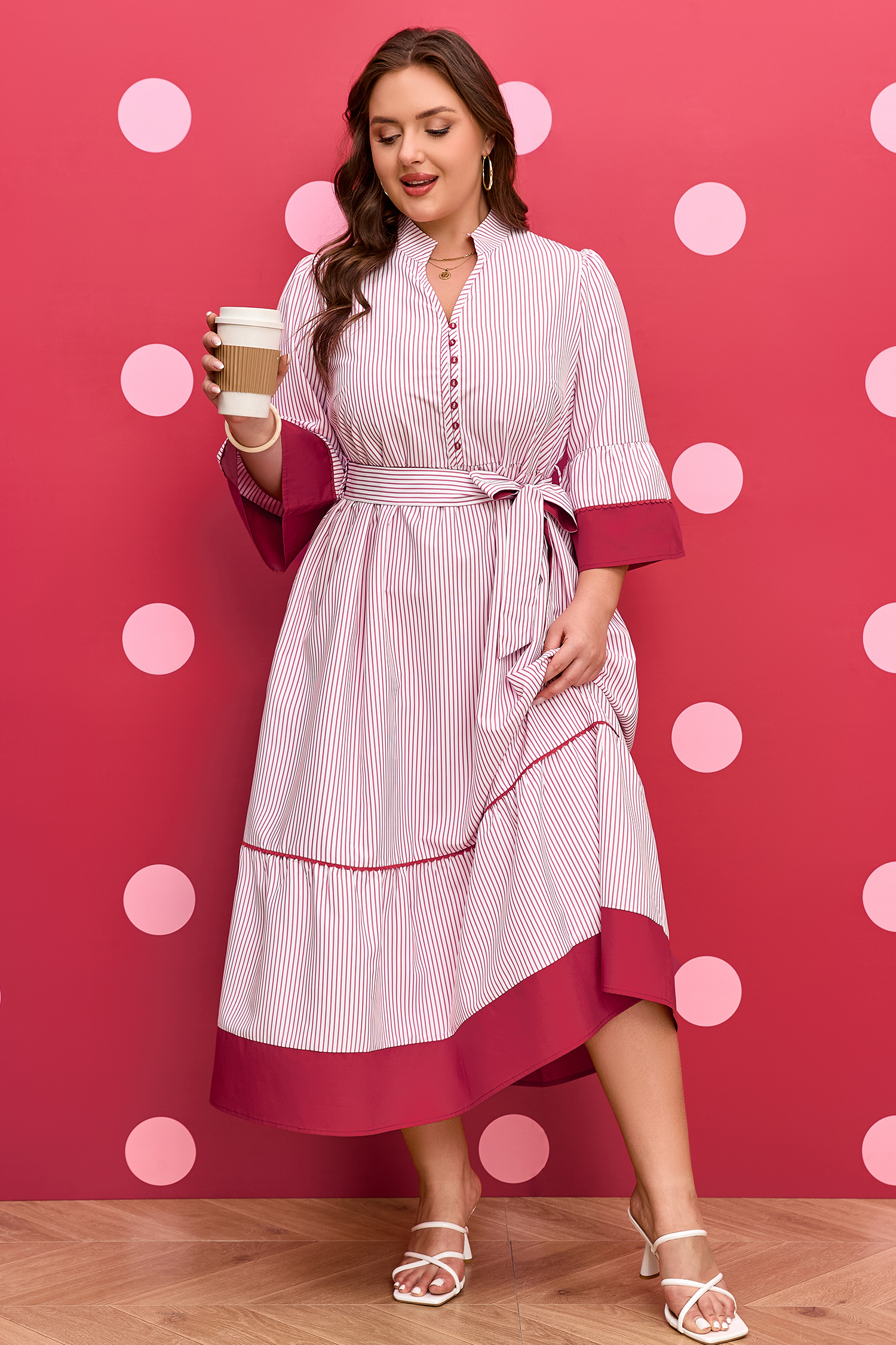 Red Stripe Plus Size Ruffled Hem Pinstriped Midi Dress - Image 3