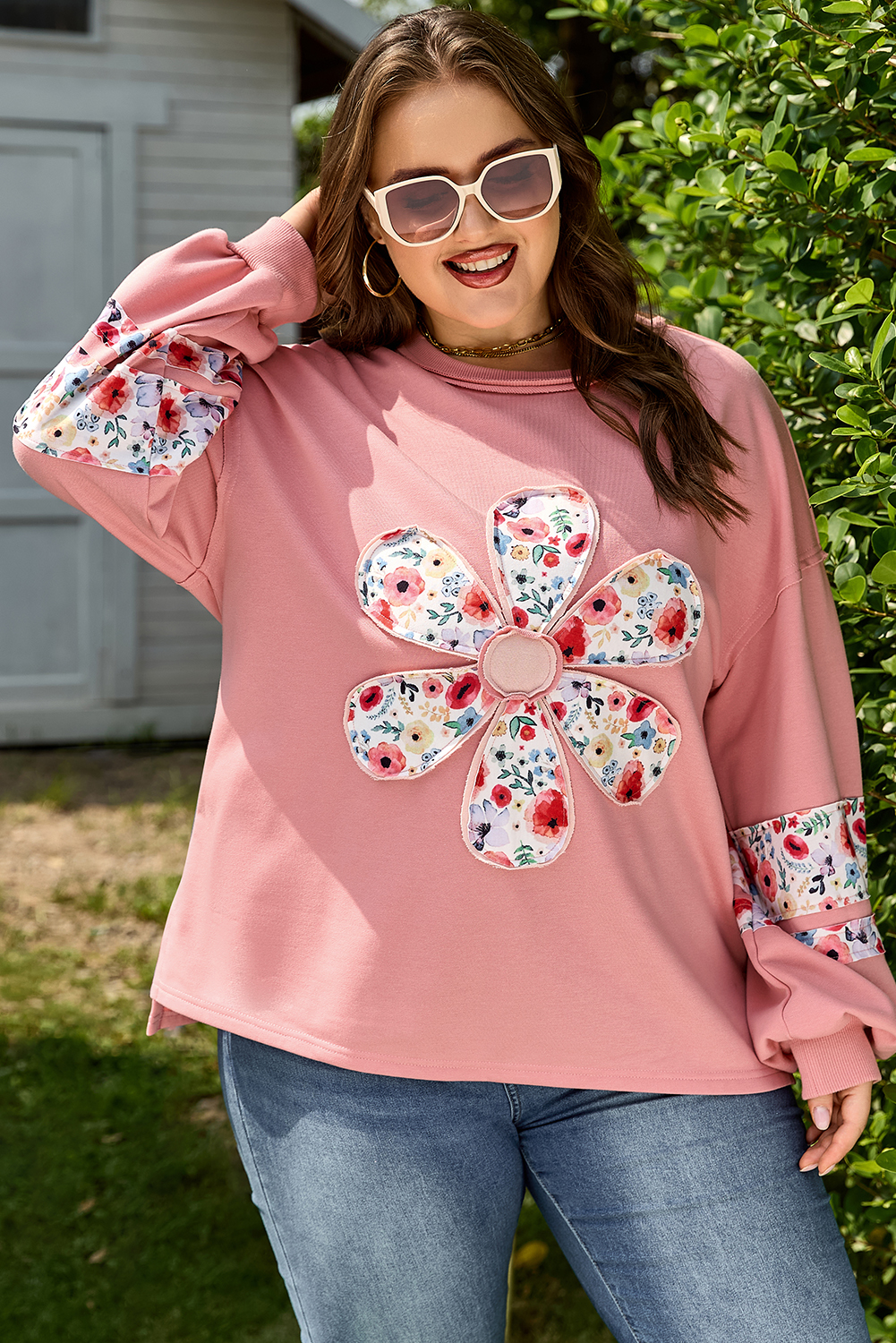 Peach Blossom Plus Size Floral Applique Drop Shoulder Sweatshirt - Image 4