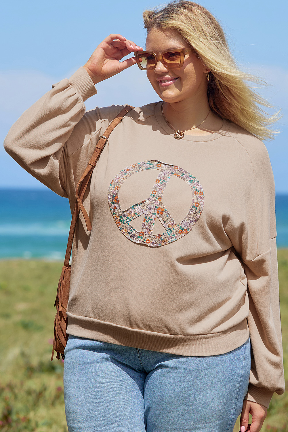 Pale Khaki Floral Peace Sign Graphic Washed Terry Plus Size Sweatshirt - Image 4