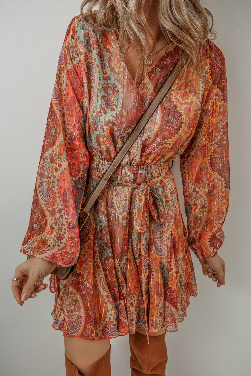 Orange Boho Paisley Print Long Sleeve Pleated Belted Mini Dress - Image 5