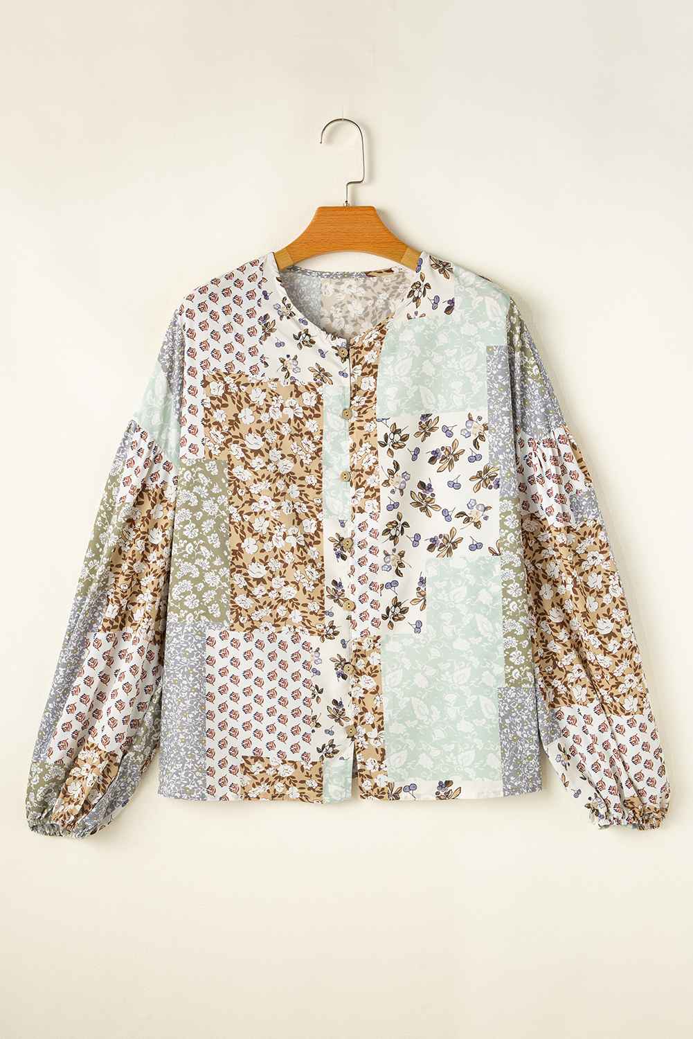 Multicolor Floral Patchwork Print Long Puff Sleeve Shirt - Image 4