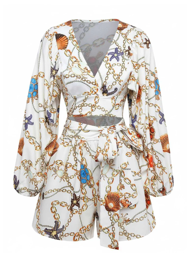 V-Neck Chain Seashell Cutout Romper