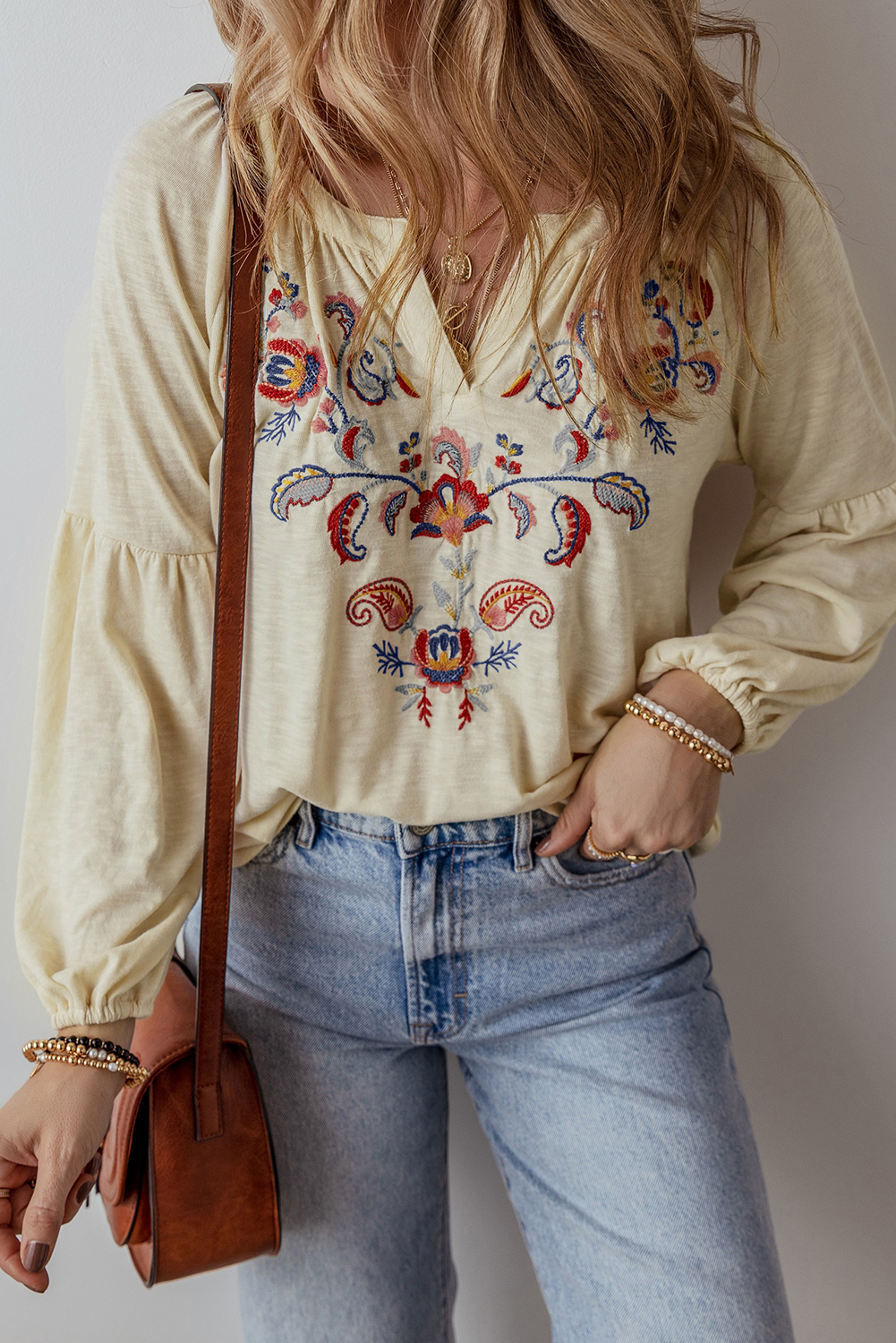 Apricot Paisley Floral Embroidered Notch V Neck Blouse - Image 5