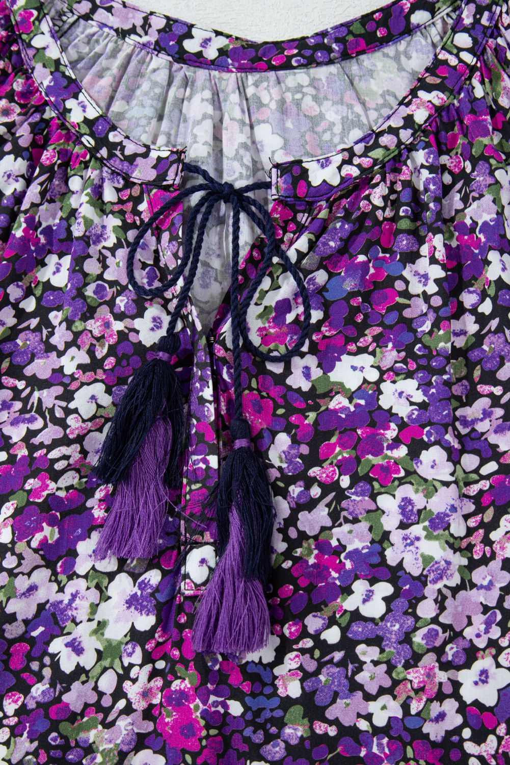 Purple Boho Flower Split V Neck Bubble Sleeve Blouse - Image 7