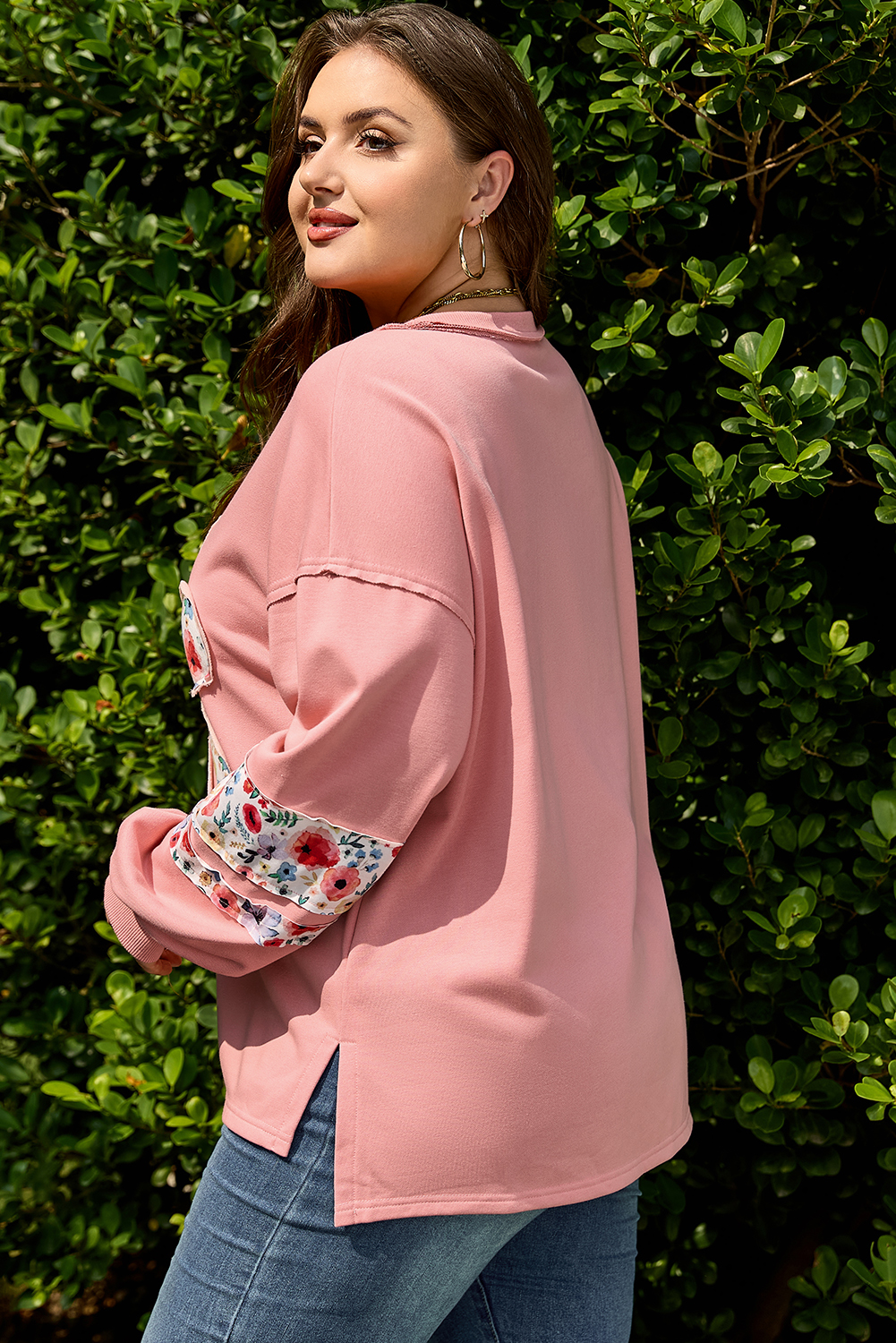 Peach Blossom Plus Size Floral Applique Drop Shoulder Sweatshirt - Image 3
