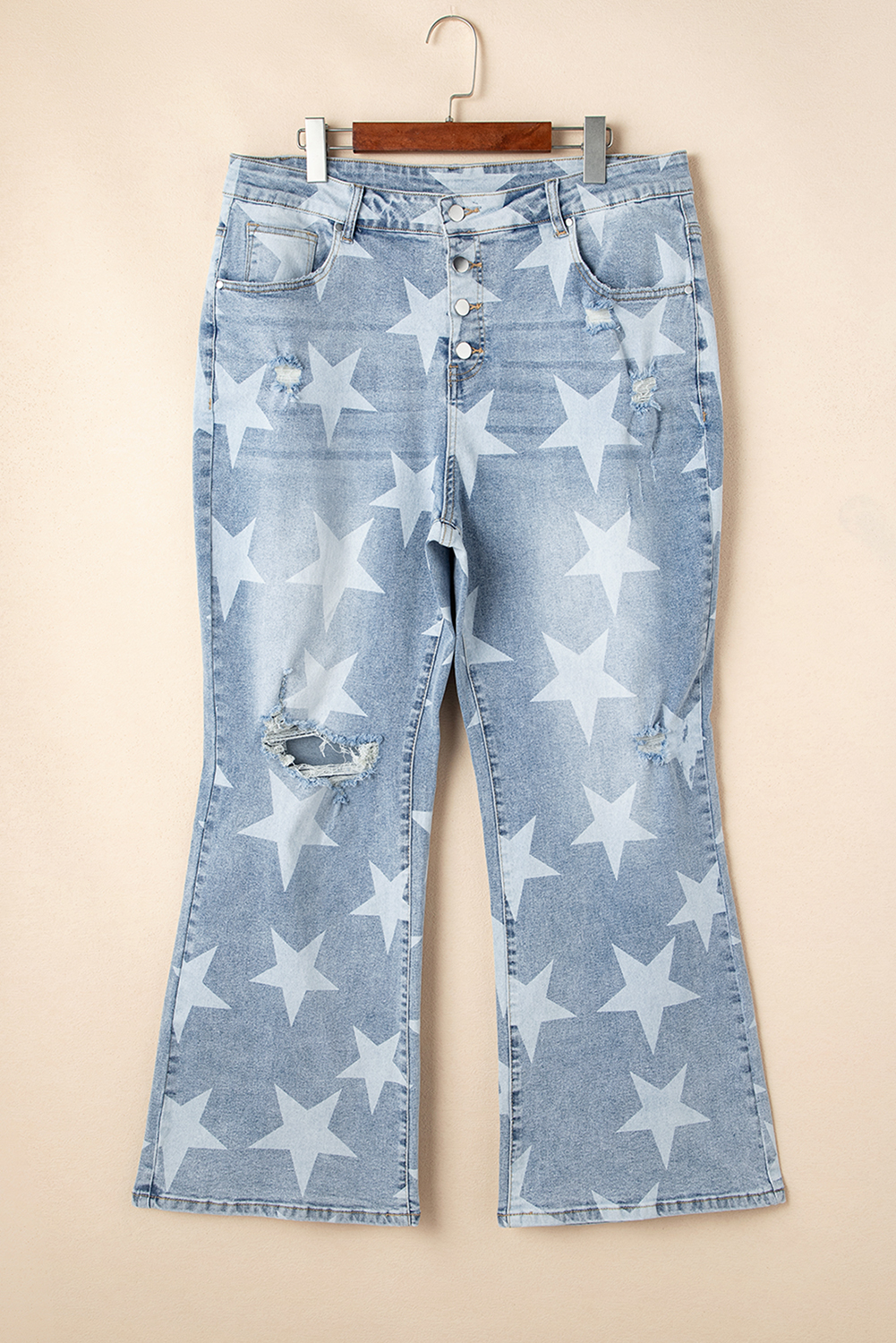 Sky Blue Star Printed Multi Buttons Slit Knee Destroyed Plus Size Jeans - Image 7