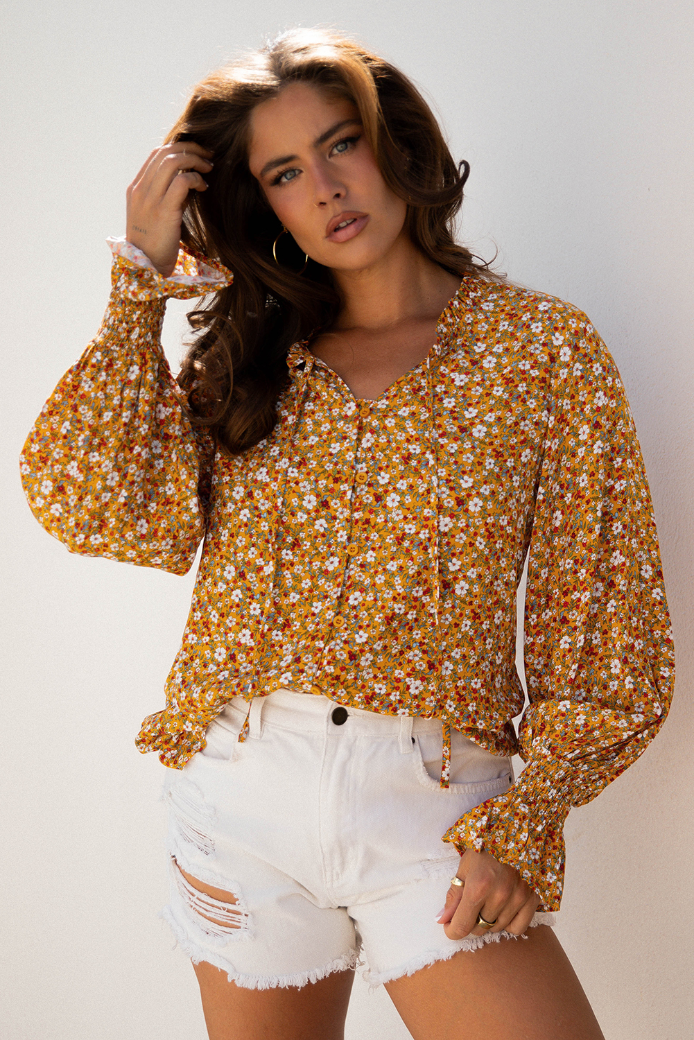 Orange Boho Floral Ruffled Bubble Sleeve V Neck Fall Blouse - Image 5