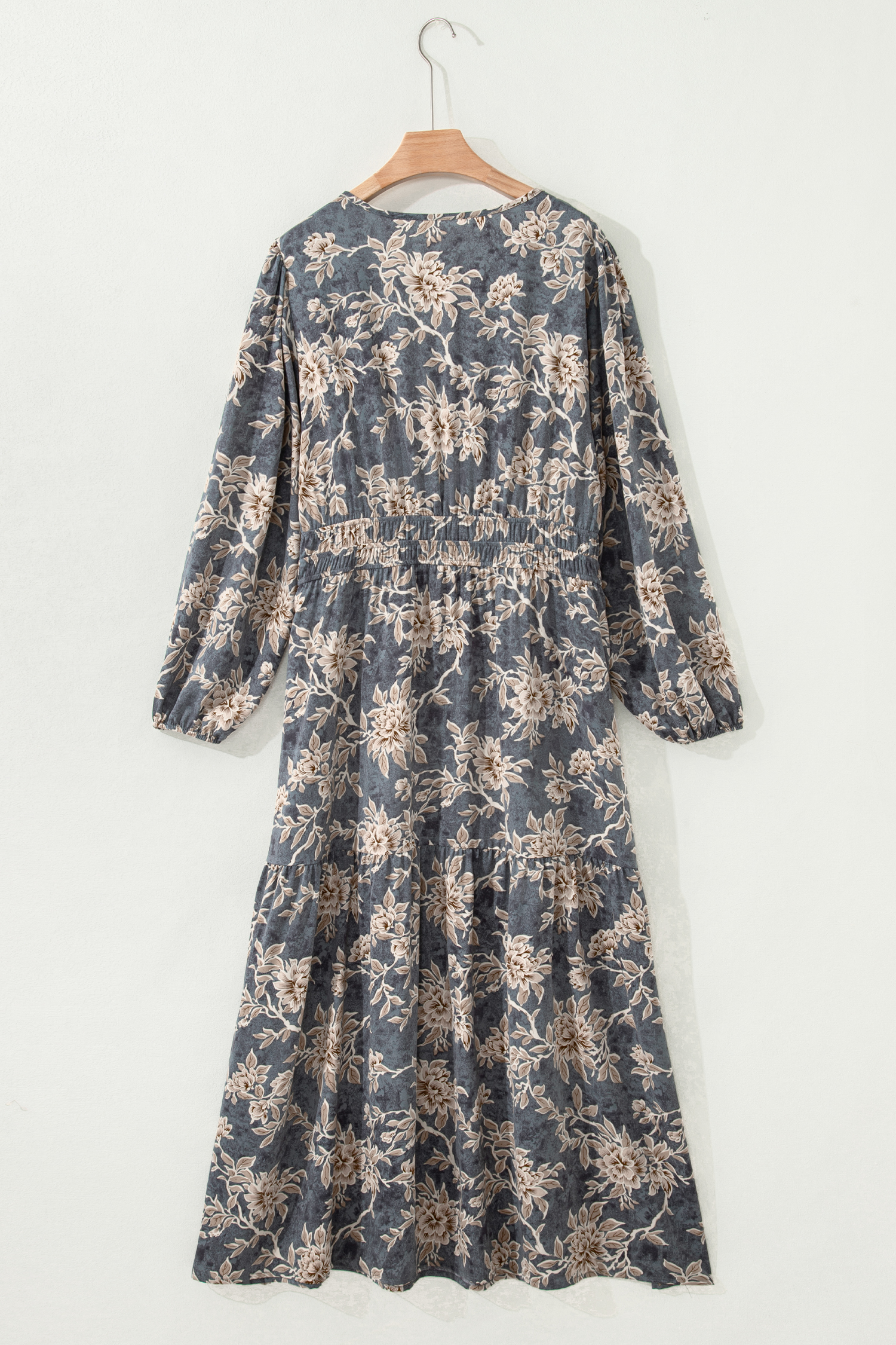 Sky Blue Plus Size Floral Print Split Neck Shirred High Waist Long Sleeve Maxi Dress - Image 5