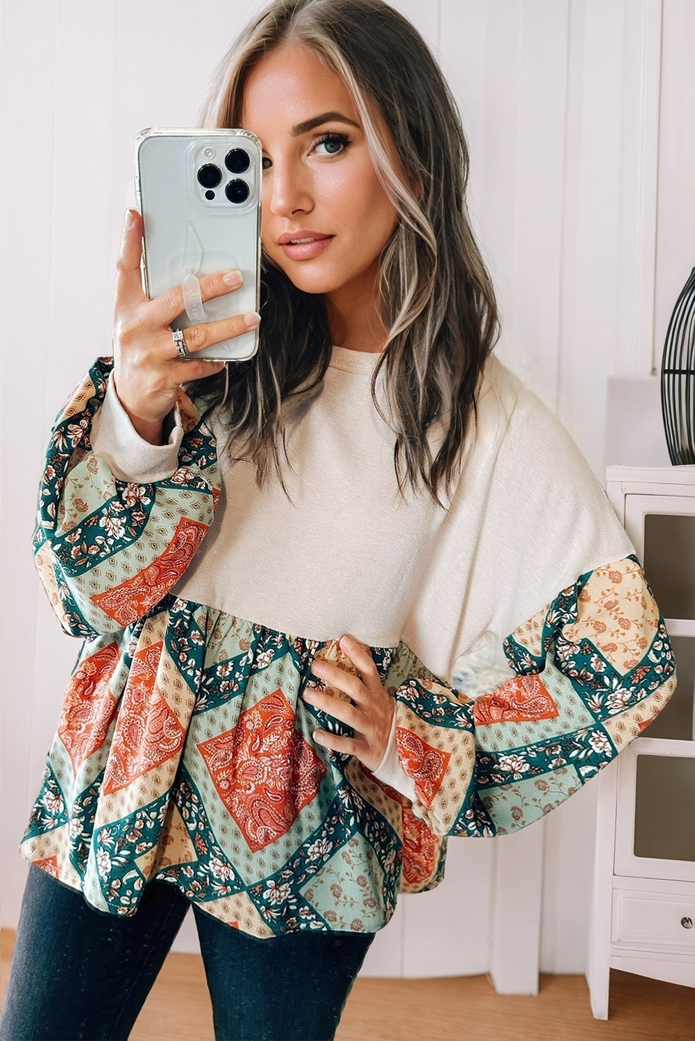 Jet Stream Paisley Geometric Patchwork Crew Neck Loose Fit Top - Image 2