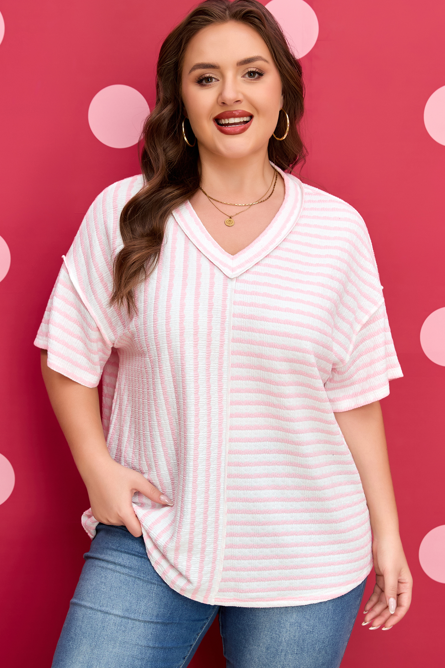 Pink Stripe Plus Size V Neck Exposed Seam Patchwork T Shirt - Image 4