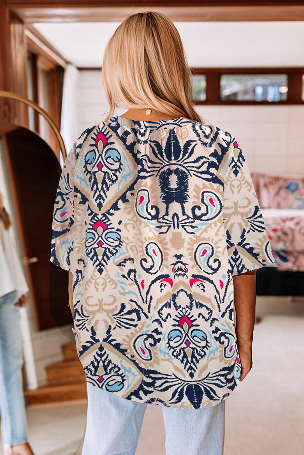 White Abstract Printed Notched V Neck Split Half Sleeve Blouse - Image 2