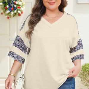 Apricot V Neck Exposed Seam Leopard Color Block Patchwork Half Sleeve Top