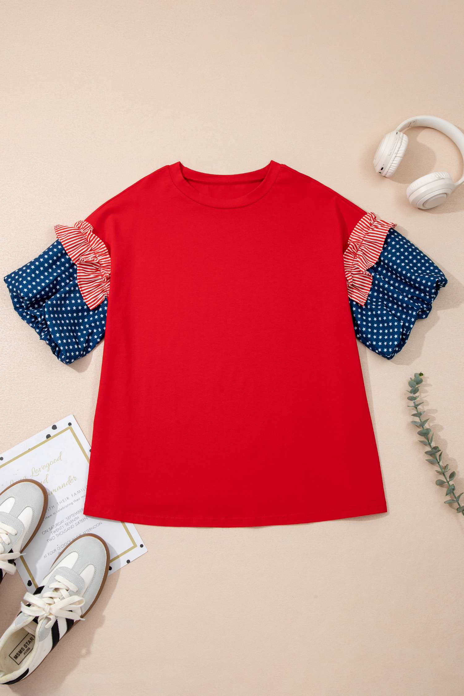 Fiery Red Plus Size Striped Ruffles Star Short Bubble Sleeve Patchwork Top - Image 4