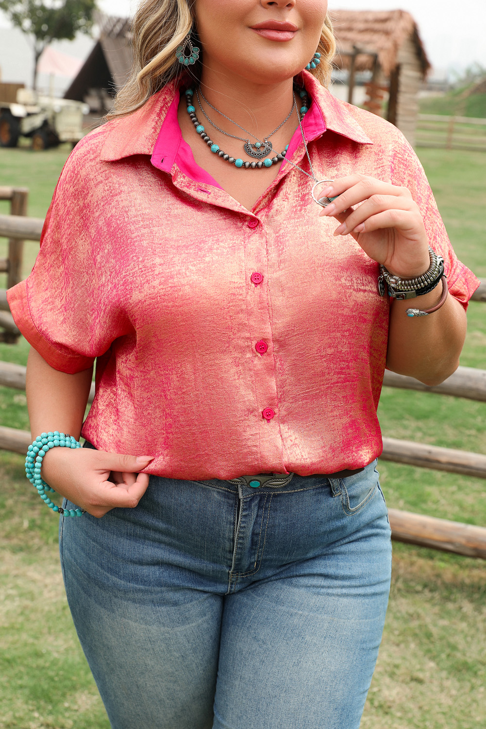 Rose Red Plus Size Metallic Sheen Short Sleeve Button Up Shirt - Image 8