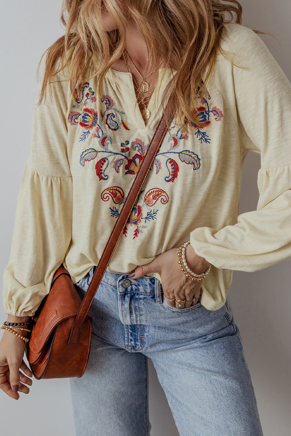 Apricot Paisley Floral Embroidered Notch V Neck Blouse - Image 3