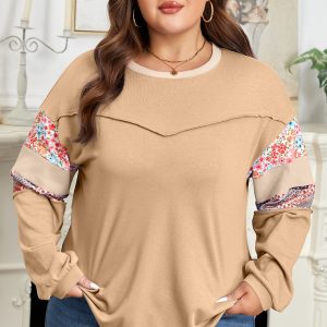 Khaki Exposed Seam Floral Mixed Patchwork Relaxed Plus Size Top