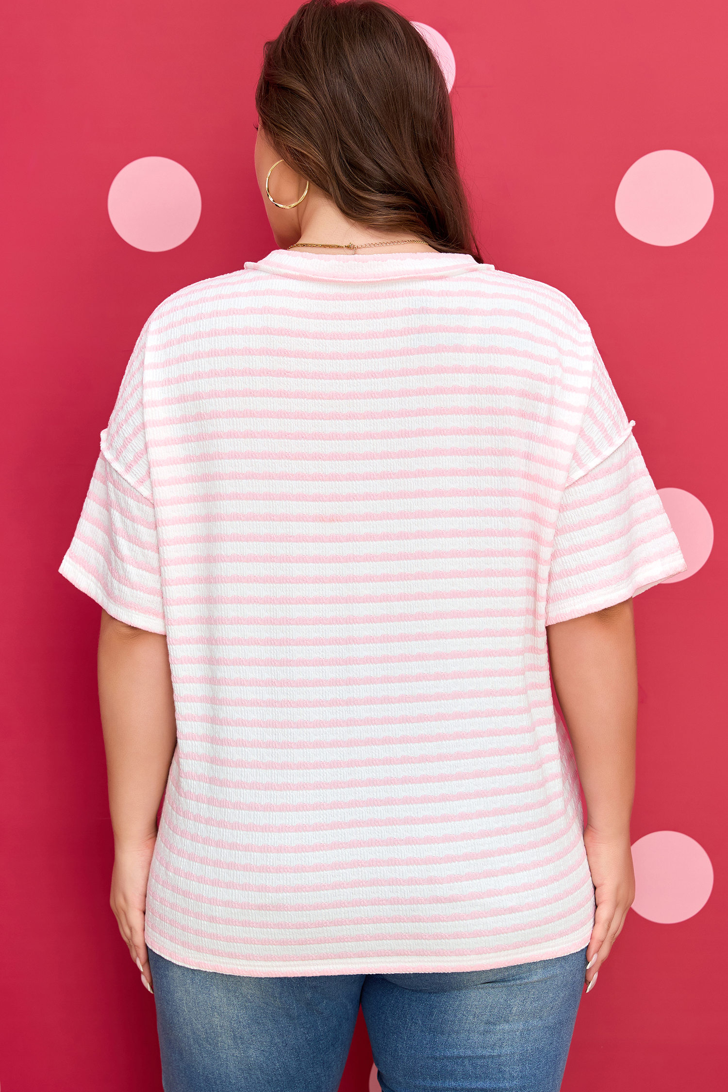 Pink Stripe Plus Size V Neck Exposed Seam Patchwork T Shirt - Image 2
