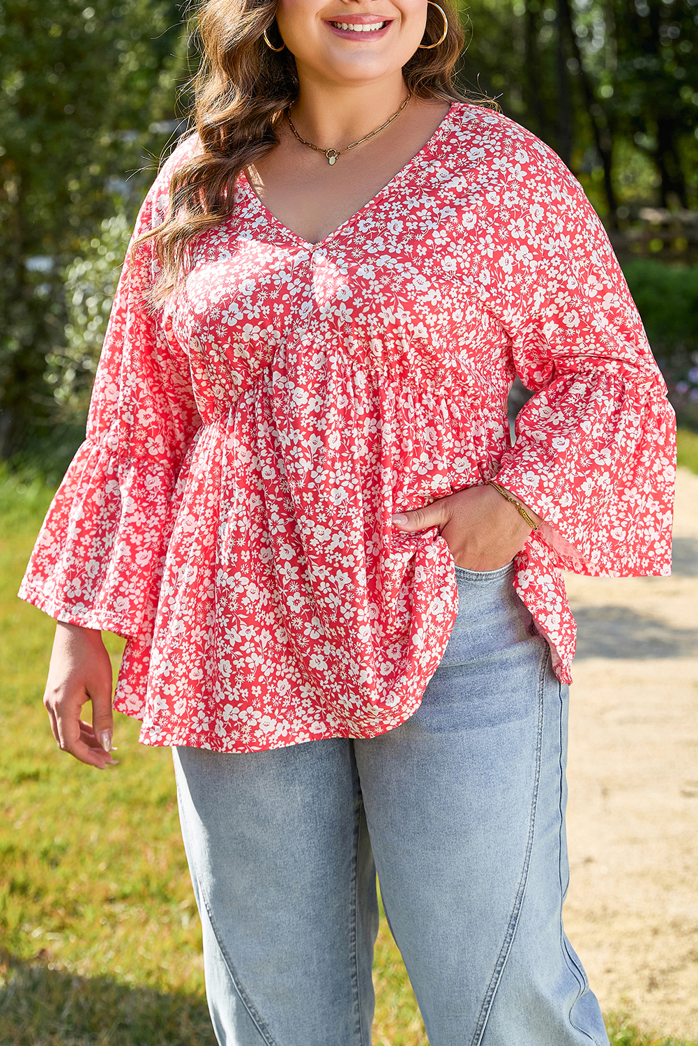 Red Plus Size Floral V Neck Flared Bracelet Sleeve Blouse - Image 7