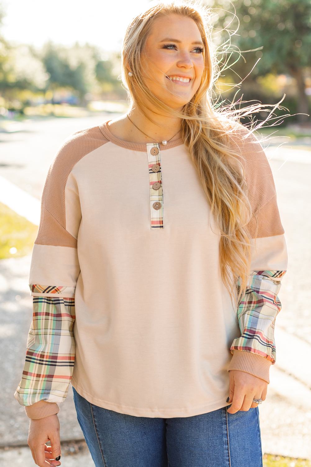 Parchment Plus Size Plaid Patchwork Layered Henley Top - Image 4