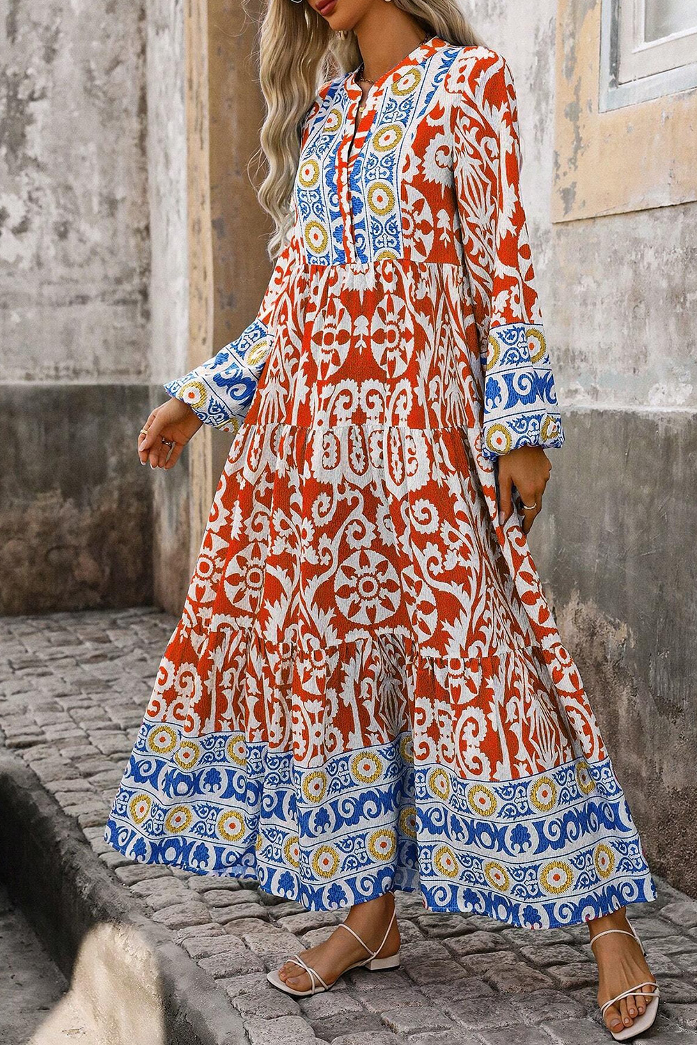 Orange Boho Geometric Printed Long Sleeve Maxi Dress - Image 7