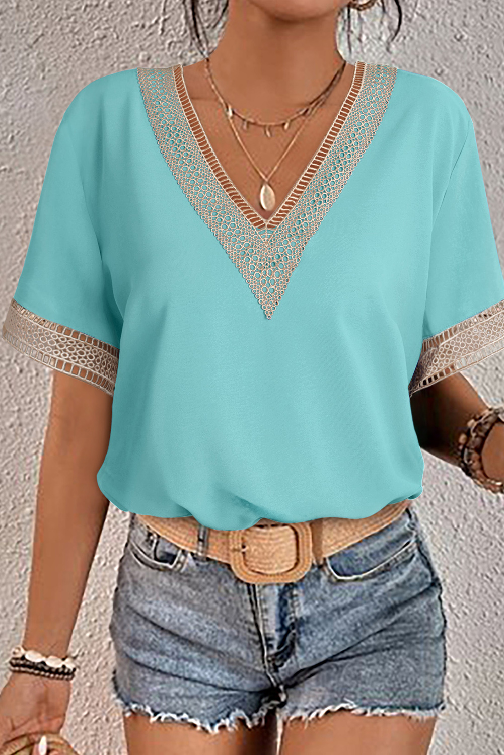 Black Lace Trim V Neck Short Sleeve Blouse - Image 4