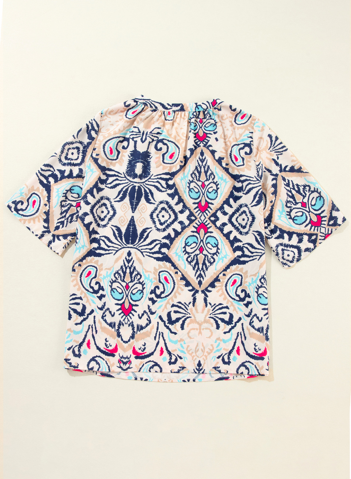 White Abstract Printed Notched V Neck Split Half Sleeve Blouse - Image 4