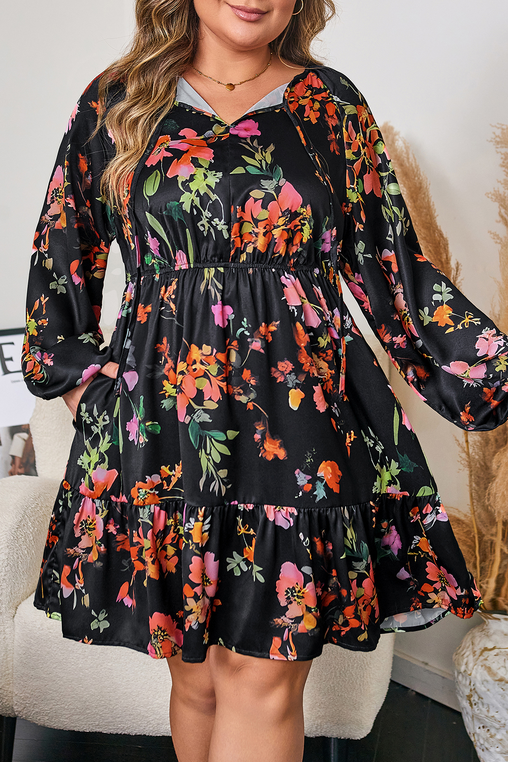 Black Plus Size Floral Print Tie Neck Cinched Waist Long Sleeve Mini Dress - Image 7