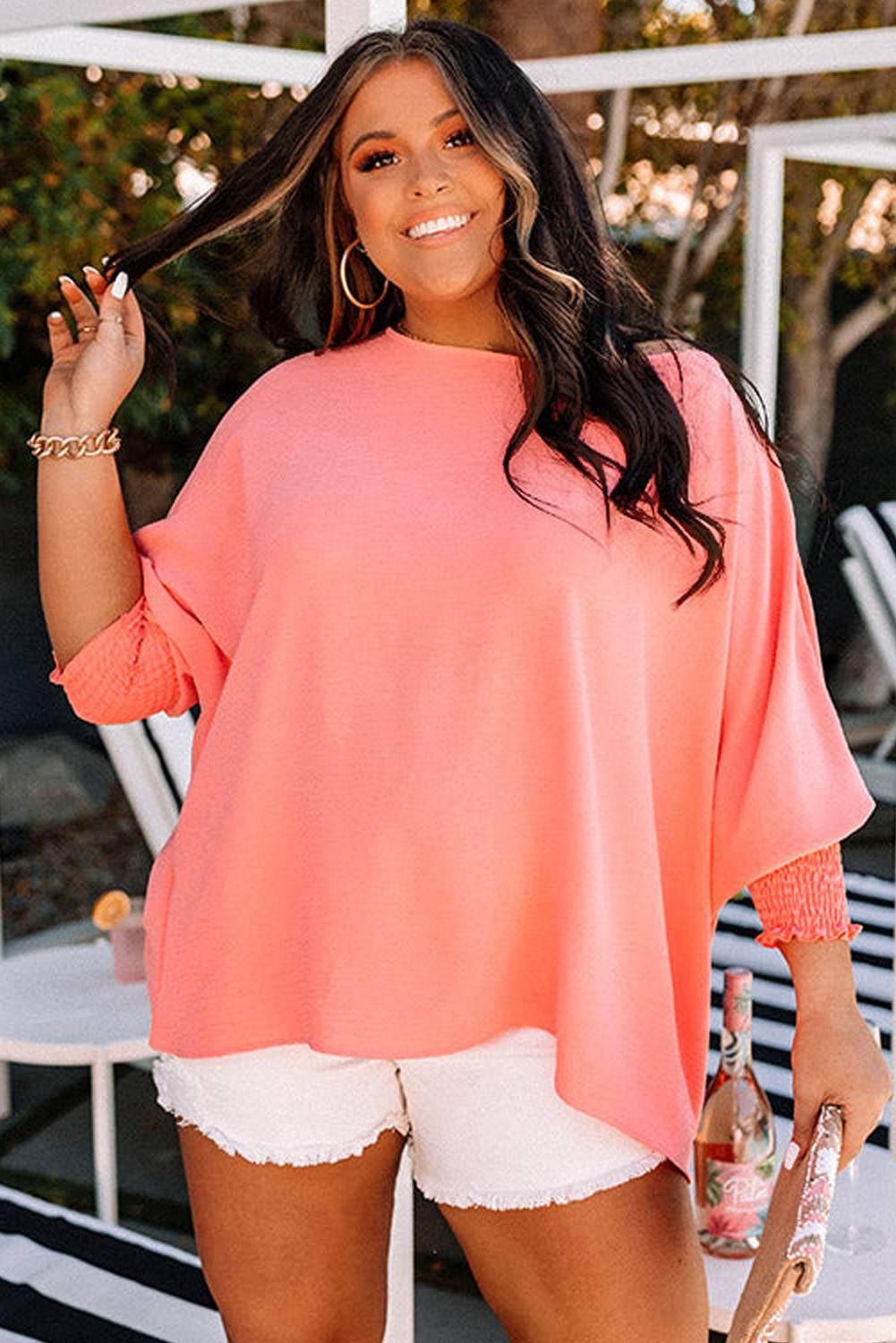 Blossom Shirred Cuffs Half Sleeve Plus Size Textured Blouse - Image 5