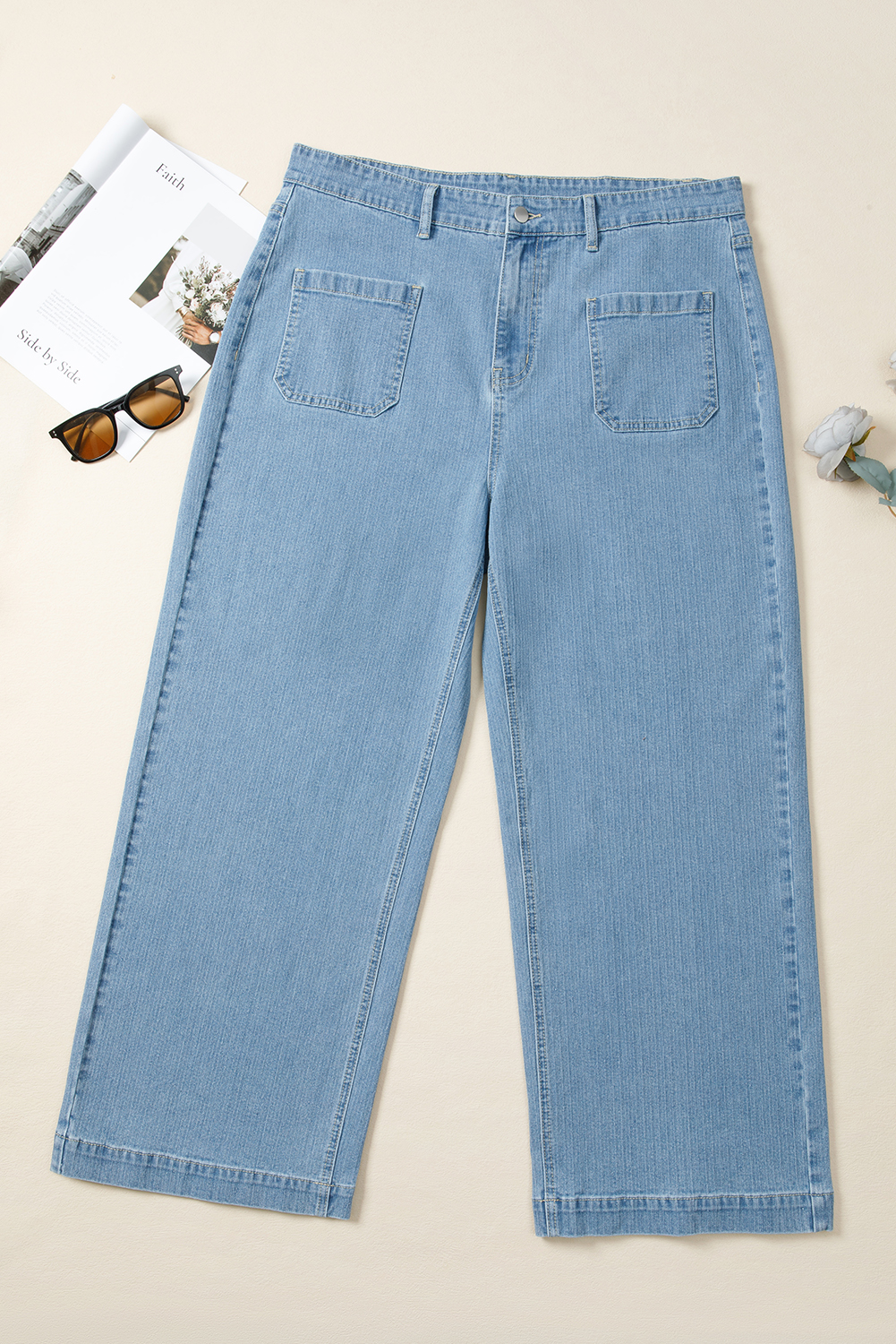 Dusk Blue Patched Pocket Textured Wide Leg Plus Size Jeans - Image 6