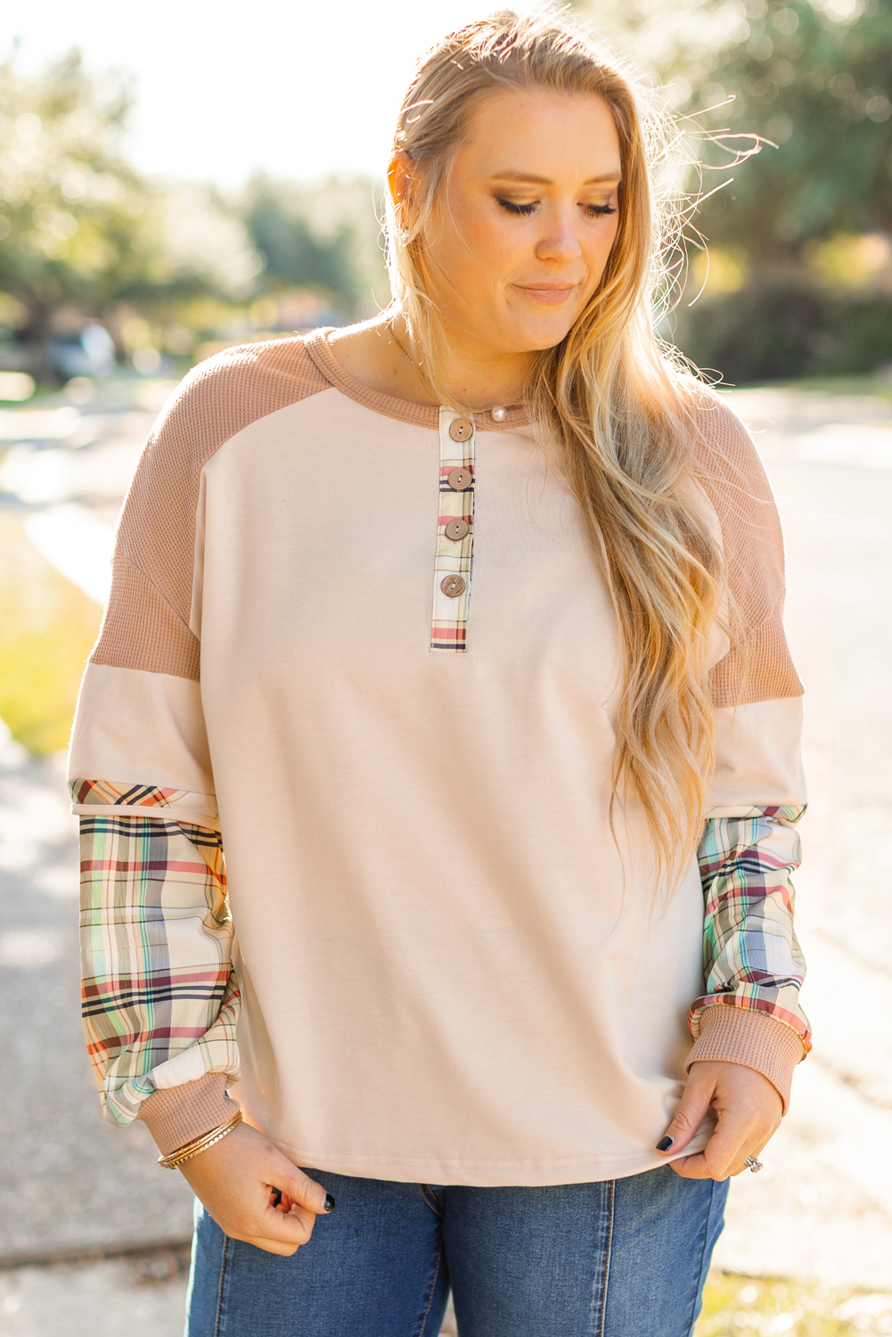 Parchment Plus Size Plaid Patchwork Layered Henley Top - Image 7