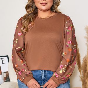 Brown Floral Sleeve Patchwork Round Neck Plus Blouse