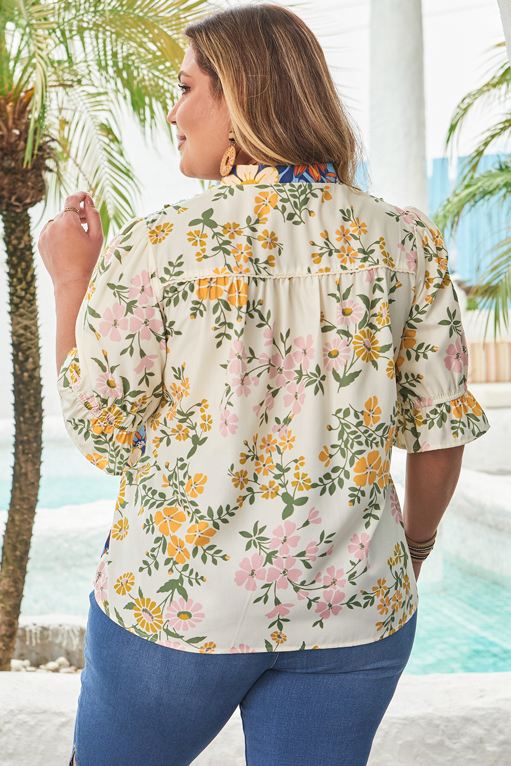 Multicolour Plus Size Floral Print Woven V Neck Half Sleeve Blouse - Image 2
