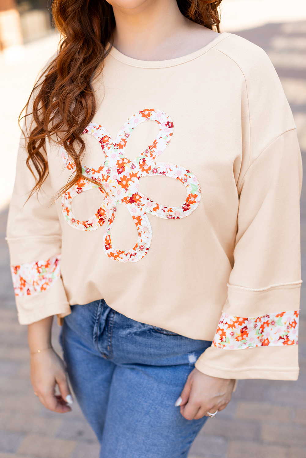 Beige Plus Size Flower Patched Side Slits Crewneck Top - Image 7